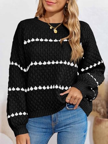 Saodimallsu Womens Oversized Sweaters Striped Long Lantern Sleeve Crew Neck Fall Trendy Knit Pullover Sweater Gray