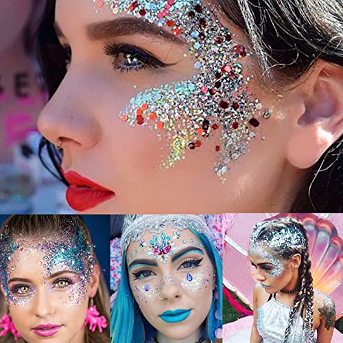 MEICOLY Light Blue Body Glitter,Mermaid Princess Face Glitter Gel,Ice Blue Glitter Face Paint for Halloween,Frozen Birthday Party Decorations,Chunky Glitter for Eye Lip Hair,Festival Rave Glitter Gel