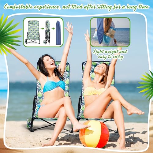 Menkxi 6 Pack Low Beach Chairs, Portable Lightweight Folding Chair for Adults, Low Seat Camping Chairs with Cup Holder, Carry Bag for Outdoor Beach Lawn Sand Picnic Travel(High Back, Green Strips)