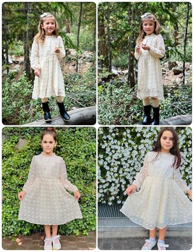 Flypigs Tween Girls Long Sleeve Fall Dresses Swiss Dot Casual Party Dress Hot Pink 7-8Years