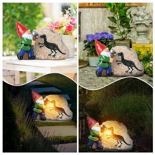 Yiosax Garden Gnome Statues-Solar Gnomes Statues-Outdoor Gnome Figurine Decor Dinosaur Resin Decoration for Patio Yard Lawn Ornament Dwarf Gift for Woman 5.5 Inches