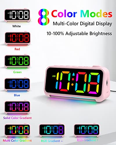 Digital Alarm Clock with LED Large Display USB Charger Port RGB Night Light - Small Desk Clocks for Kids Bedroom Decor Pink