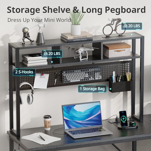 DOMICON Gaming Desk Computer Desk with Storage, L Shaped Desk with Power Outlet & LED Strip, Office Desk with Pegboard, Corner Deck for Home Office Black