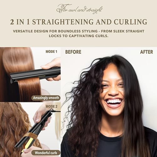 Giacomucci Titanelli 2 in 1 Titanium Hair Straightener and Curler | 100% Pure Ti-Thermal Technology Flat Iron | 1-Inch Professional Styling | Available in Black, Gold, and Pink (Black)