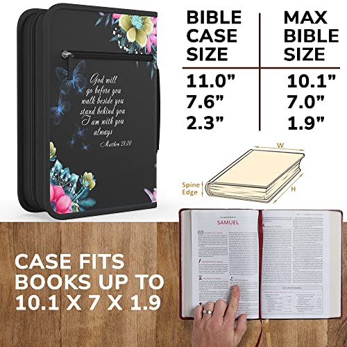 DEHITE Bible Cover Case for Women – Bible Carrying Bag Large Medium Size – | Fits Book 10.1 x 7 x 1.9 IN | Pen Slots | Zippered Pocket | Premium Fabric – Black Floral Bible Accessories Christian Gifts