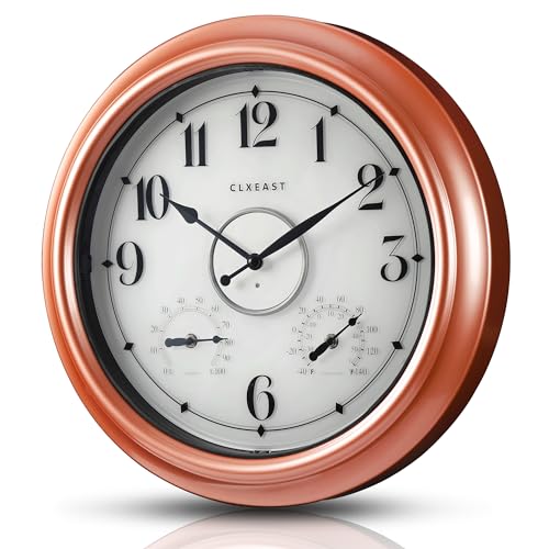 CLXEAST 18 Inch Illuminated Outdoor Indoor Clocks with Smart Sensor,Modern Farmhouse Lighted Wall Clock with Temperature and Humidity for Patio, Garden Decor,Copper/Rose Gold Finish