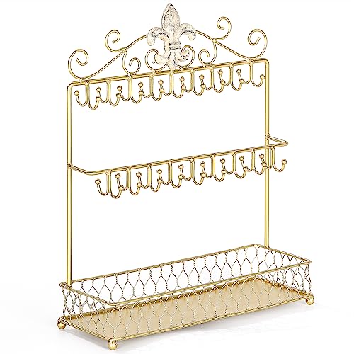 MOCOME Fleur-De-Lis Gold Jewelry Stand Necklace Holder Stand with 36 Hooks and Tray for Woman