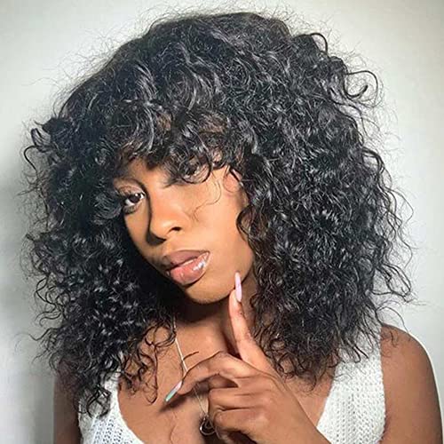 INSBEAUTY Jerry Curly Human Hair Wigs With Bangs 200% Density Virgin Human Hair Glueless Scalp Base Top Full Machine Made Wig For Black Women Brazilian Curly Wigs Natural Color 14 Inch
