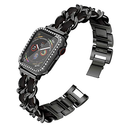 Mosonio Compatible for Apple Watch Band 38mm with Screen Protectors Case Women, Jewelry Bracelet Metal Bands with 2-Pack Bling Case Cover for 38mm iWatch Series 3 2 1(Black Link with Black Leather)