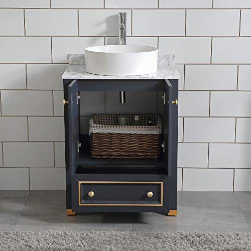 Homecart 24 inch Black Bathroom Vanity Sink Combo Modern Painted Bathroom Vanity Cabinet with Marble Countertop, Round Sink, Pop Up Drain, Mirror, Solid Wood
