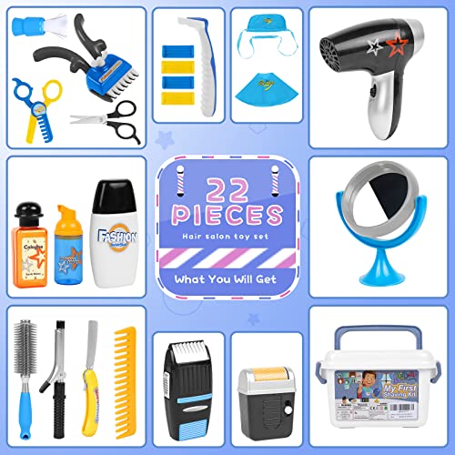 Gifts2U My First Shaving Kit for Boys, 22 Pcs Kids Barber Set Toy Pretend Play Hair Salon Playset with Shaver, Blow Dryer, Scissors, Razors & Styling Shawls Costume for Kids Ages 3 Years and up