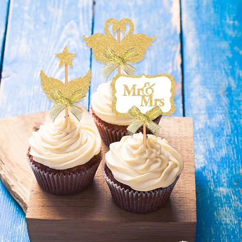 Blopee Wedding Cupcake Topper, Oblong Gold Mr and Mrs Cake Topper, Funny Wedding Cake Toppers Bride and Groom, 12 PCS Elegant Wedding Toppers for Cake Decorations
