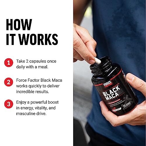 FORCE FACTOR Black Maca Root 1000mg, Vitality Supplement for Men with Black Pepper Extract for Absorption, Natural Maca Negra Extract, 90 Capsules