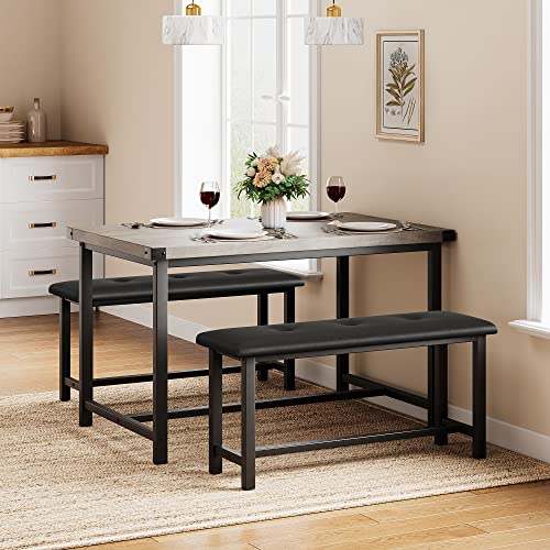 Alkmaar Kitchen Table Set with 2 Benches, Rectangular Dining Table for 4, Upholstered Benches, Farmhouse Style, Retro Gray