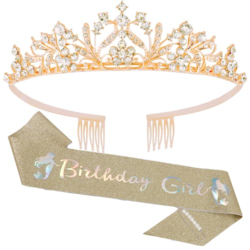 Vovii Birthday Sash and Tiara for Girls Birthday Girl Gold Sash and Rhinestone Gold Tiara Set Birthday Decoration Headband for Little Girl Hair Accessories for Birth Party Gold