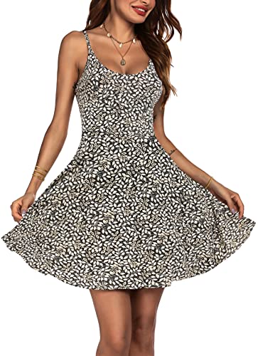 ACEVOG Sundress for Women Beach Sexy Floral Adjustable Strap Fit & Flare Summer Dresses Skater V Neck Knee Length Vacation Dresses Grey