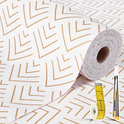 Shelf Liners for Kitchen Cabinets 12in x 20FT, Non Adhesive Cabinet Liner Strong Non-Slip Thickened Gold Green Geometric Drawer Liner, Easy to Clean for Shelf, Cabinet with Knife and Tape Measure