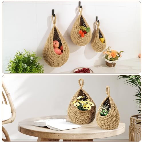 Wall Hanging Baskets for Organizing - 3 Pack Hanging Fruit Basket with 6 Pcs Strong Hooks, Handwoven Onion Storage Teardrop Home Onion Basket for Fruits Vegetable Potato Kitchen Storage(Light Linen)