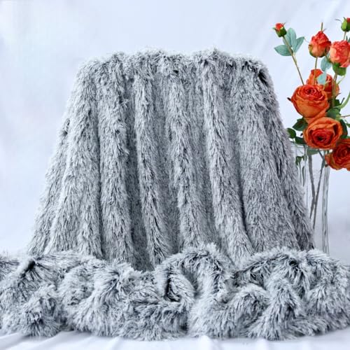 Luxurious Shaggy Throw Blanket, Faux Fur Furry Fuzzy Blanket, Long Pile Plush, Soft Fluffy Texture for Couch, Bed, Living Room Decor(63x79 Inches,Khaki)