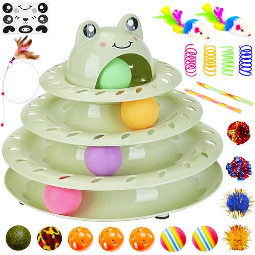 Gefryco 26pcs Cat Toys 4-Level Roller Track for Indoor Cats, Interactive Cat Toy with Colorful Balls Self Play Kitten Puzzle Toys, Fun Kitty Exercise Toys (Green)
