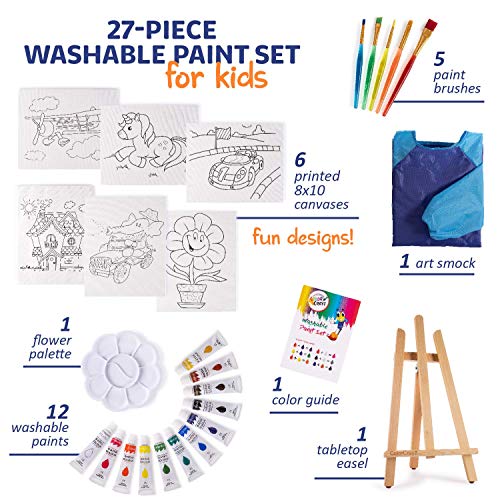 27-Piece Acrylic Paint Set for Kids - 100% Cotton Canvases, Wood Easel, Brushes, Waterproof Smock, Mixing Palette - Portable and Easy Storage