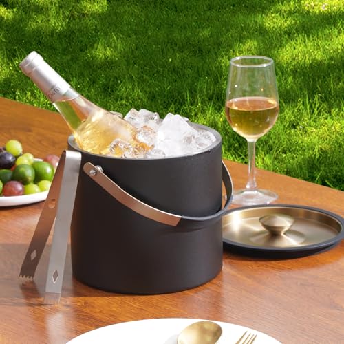 3.2L Ice Bucket with Silicone Lid, Tongs & Strainer, Double Wall Stainless Steel Insulated Black Ice Bucket for Parties & Cocktail Bar, Keep Ice Frozen Longer