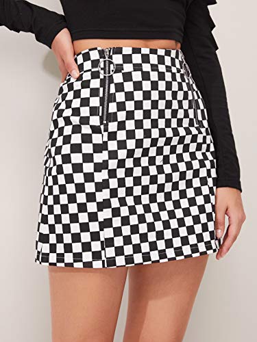 WDIRARA Women's Elegant Mid Waist Above Knee O-Ring Zipper Front Plaid Skirt Black and White Checked XXS