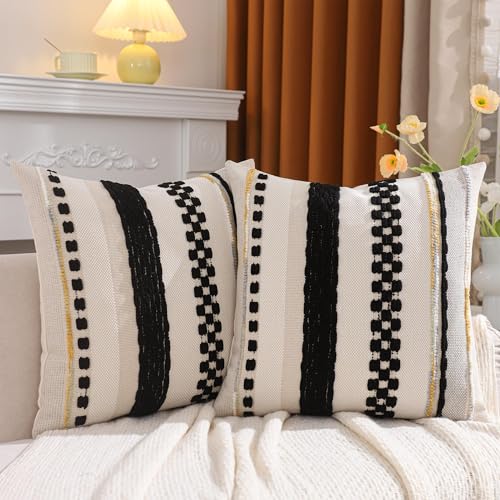 Tosleo Boho Throw Pillow Covers 18x18 Set of 2 Striped Decorative Pillow Cases Accent Chenille Pillowcases Farmhouse Cushion Case Bohemian Nuetral Textured Pillow Cover,Yellow and Gray