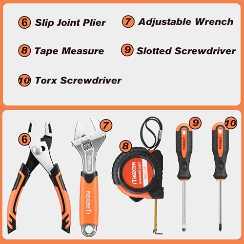 REXBETI 10-Piece Kids Tool Set with Real Hand Tools, Orange Durable Storage Bag, Children Learning Tool Kit for Home DIY and Woodworking, 6+ Year Old Birthday Gift