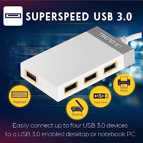 TRENDnet 4-Port USB 3.0 Hub, TU3-H4E, Plug & Play, Compact Size USB 3.0 Hub Compatible with Linux, Windows, Mac, Nintendo Switch, Backwards Compatible with USB 2.0, White
