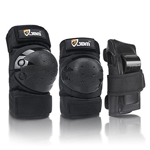 JBM international Adult / Child Knee Pads Elbow Pads Wrist Guards 3 In 1 Protective Gear Set, Black, Youth / Child
