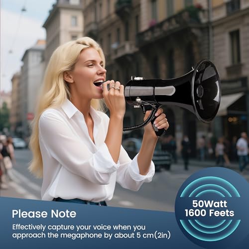 Loudmore Professional 50 Watt Megaphone Bullhorn with Detachable Microphone, USB/SD/MMC Reader, AUX Input, Recording and Siren - Perfect for Indoor/Outdoor Sporting Events and Crowd Control (Black)