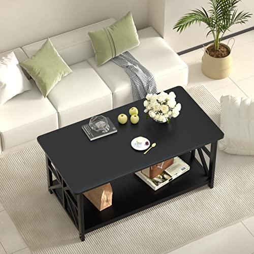 GreenForest Coffee Table with Round Corner, Farmhouse Center Table with 2-Tier Storage Shelf X-Frame Design for Living Room, 39 inch Black
