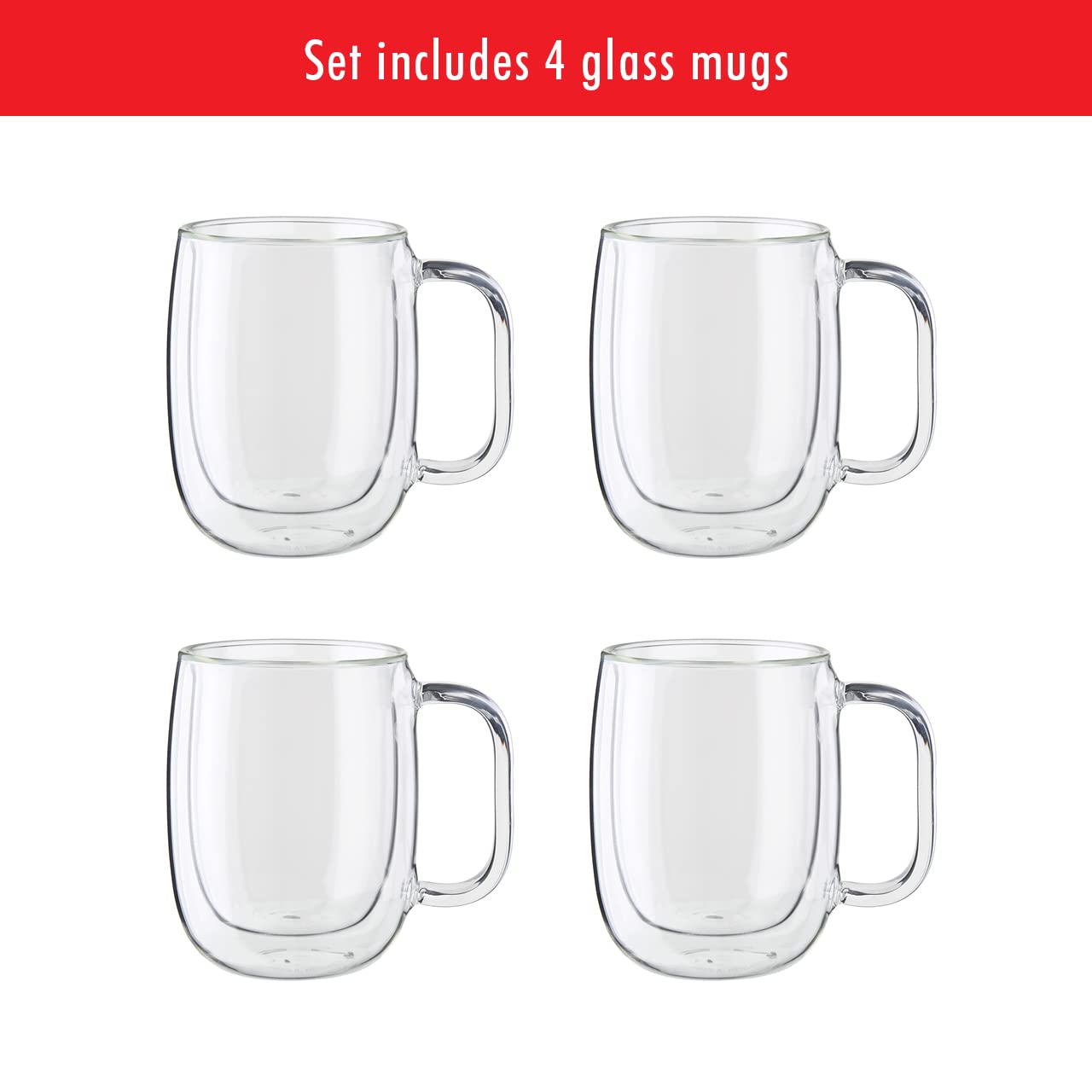 ZWILLING Sorrento Plus 4-pc Double Wall Glass Coffee Mugs, Insulated Coffee Mug, Clear
