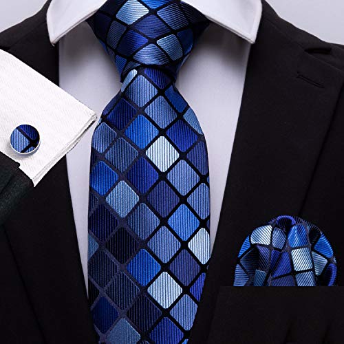 YOHOWA Men Tie Clip Set Plaid Silk Necktie Pocket Square Cufflinks Formal Business Wedding Prom