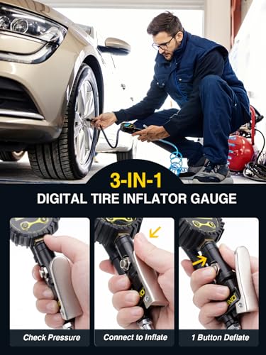 AZUNO Tire Inflator with Pressure Gauge, Most Accurate, Heavy Duty Tire Pressure Gauge with Durable Steel Braided Flexible Hose, Large 2.5" Easy Read Glow Dial and Quick Connect Coupler -100PSI