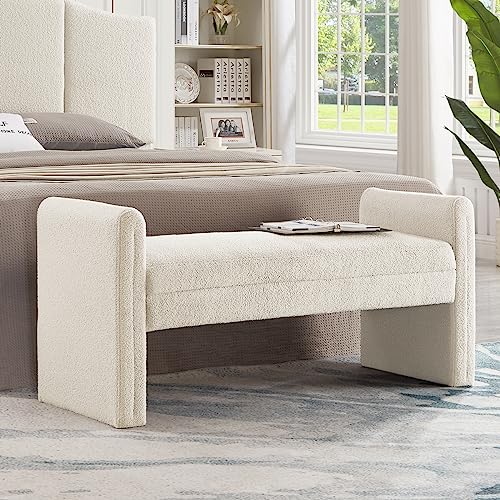24KF Modern Boucle Teddy Lovely Bench, Upholstered Bed Bench Entryway Bench Ottoman with Armrest -Black