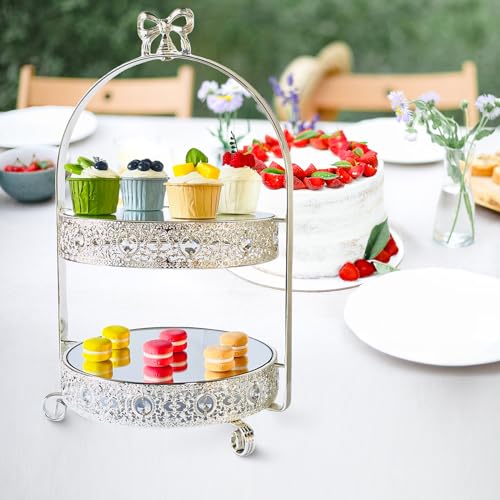 Quegroot Silver 2 Tier Crystal & Metal Cake Stand, Round, 20 x 11 x 10 inches, 6.5 lbs Capacity, Dessert Tray for Party, Baby Shower, Wedding Decor