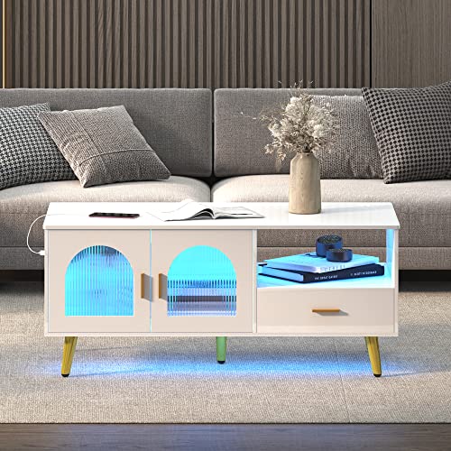 LVSOMT Black Coffee Table with LED Lights, Modern Center Table with Charging Station, High Glossy Accent Furniture for Living Room