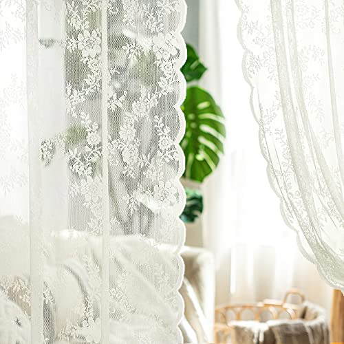 MIULEE White Lace Curtains 84 Inches Long for Living Room Bedroom, Scalloped Sheer Curtains Rose Floral Embroidered Farmhouse Window Drapes Vintage European Tulle Retro Style, Rod Pocket, 2 Panels Set