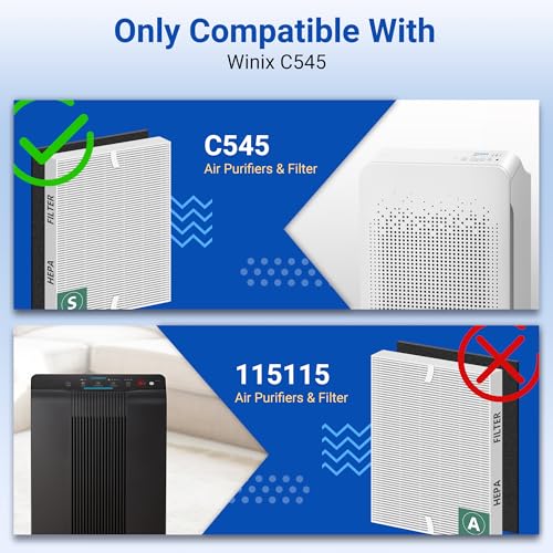 Improvedhand C545 Replacement Filter S Compatible with Winix C545 Air Purifier, 2 Pack H13 True High Efficiency Filter and 8 Pack Activated Carbon Filters, Replace Part # 1712-0096-00 and 2522-0058-00