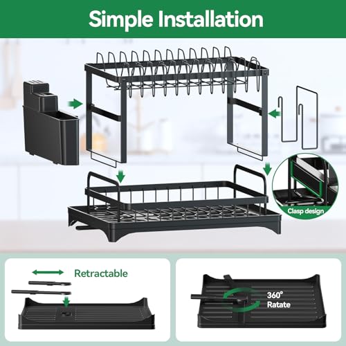 QECOUI 2 Tier Dish Drying Rack for Kitchen Counter, Dish Drainers for Kitchen Counter with Drainboard, Metal Kitchen Dish Rack with Drain, Kitchen Drying Rack Two Tier, Black Dish racks (Black)