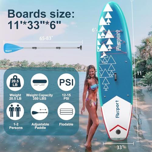 FBSPORT 11' Premium Stand Up Paddle Board, Yoga Board with SUP Accessories & Carry Bag | Wide Stance, Surf Control, Non-Slip Deck, Leash, Paddle and Pump for Youth & Adult (BlueWhite)