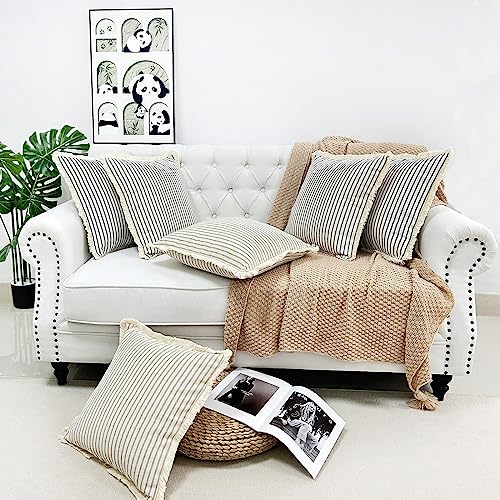 LMYUHONG Linen Throw Pillow Covers 18x18 Set of 2, Black Striped Beige Pillow Covers with Fringe, Boho Decorative Pillows Cover Farmhouse Square Cushion Case for Sofa Couch Bed Living Room Decor