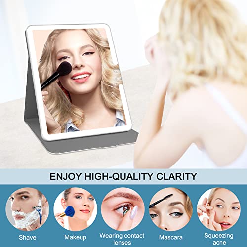 deweisn Folding Compact Lighted Makeup Mirror with 3 Colors Light,Rechargable 2000mA Batteries Mirror with Dimming,Lighted Mirror with PU Cover Leather