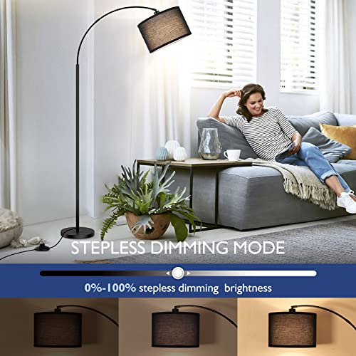 Arc Floor Lamps for Living Room, Modern Remote Control Standing Lamp with Stepless Dimmable, Black Tall Lamp with Gary Drum Shade, Over Couch Arched Reading Light for Bedroom, Office(Bulb Included)