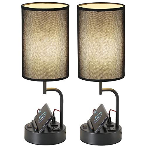 Dreamholder Table Lamp with 3 USB Charging Ports, Modern Desk Lamp with AC Outlet and Phone Stands, Perfect Bedside Lamp for Bedroom, Living Room, Office (Pack of 2)