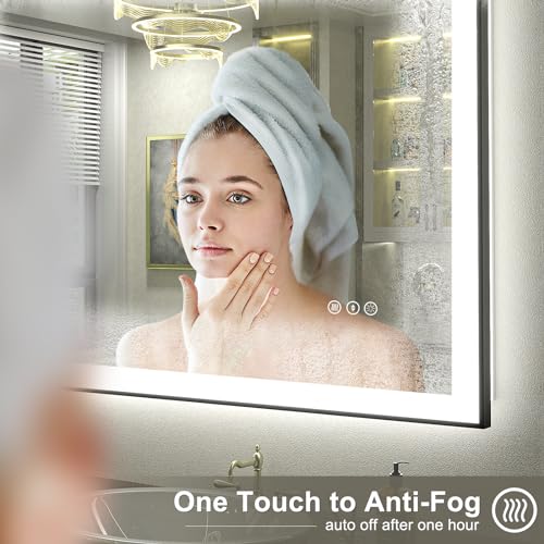 44x32 LED Bathroom Mirror with Black Frame, Dimmable Vanity Mirror with Lights for Wall, Backlit and Front Lighted, Memory, Anti-Fog (Horizontal/Vertical)