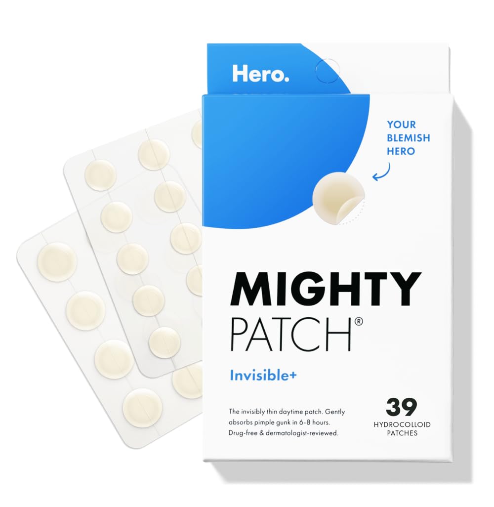 Hero Cosmetics Mighty Patch™ Invisible+ Patch - Daytime Hydrocolloid Acne Pimple Patches for Covering Zits and Blemishes, Ultra Thin Spot Stickers for Face and Skin, Vegan-friendly (39 Count)