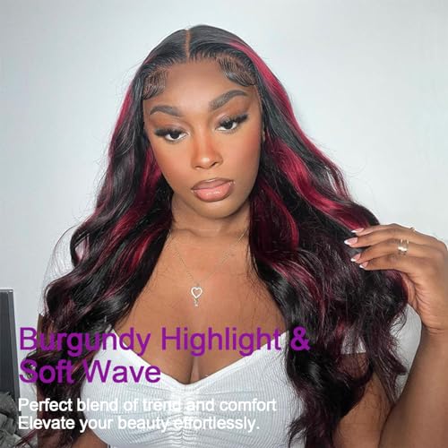 KeepMe Burgundy Lace Front Wigs Human Hair 1B/99J Highlight Wig Human Hair 13x4 Body Wave Lace Front Wigs Human Hair Pre Plucked 200% Density Red Wig Human Hair for Women 18 Inch